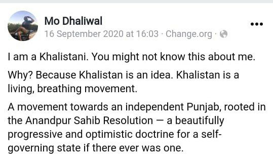 Mo Dhaliwal expressing his views on Facebook in September 2020