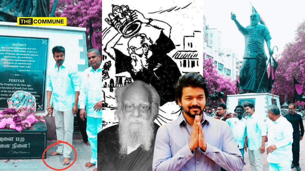 Vijay visited the memorial of EVR and paid "respects" through flower offerings and garlanding the statue, barefoot.