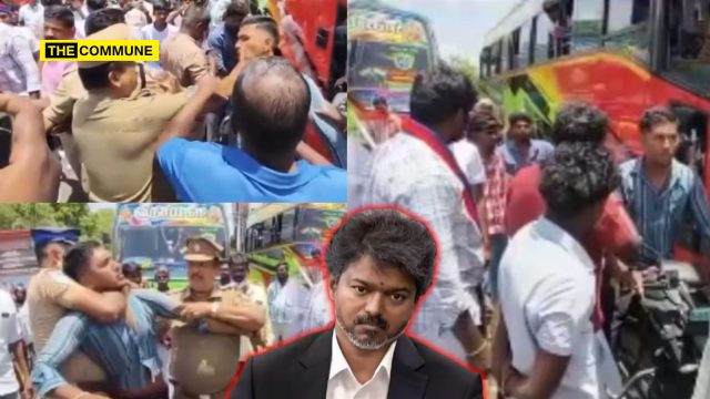 TVK-Ally VCK Cadres Block Thanjavur Road Over Removal Of Party Banners; Police Slaps Youth Who Questions Protest, Detain Him Instead TVK-Ally VCK Cadres Block Thanjavur Road Over Removal Of Party Banners; Police Slaps Youth Who Questions Protest, Detain Him Instead